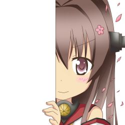 Rule 34 | &gt;:), 10s, 1girl, brown eyes, brown hair, detached sleeves, flower, flower on head, hair flower, hair ornament, kantai collection, long hair, looking at viewer, nagineko, peeking out, petals, smile, solo, transparent background, v-shaped eyebrows, yamato (kancolle)