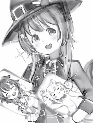 Rule 34 | 1girl, ayunda risu, ayunda risu (3rd costume), blush, carrying, carrying under arm, character pillow, dakimakura (object), greyscale, hair ornament, hairclip, hat, highres, holding, holding pillow, hololive, hololive indonesia, inugami korone, long hair, long sleeves, looking at viewer, monochrome, nanashi (nlo), nekomata okayu, official alternate costume, open mouth, pillow, simple background, smile, solo, sparkle, squirrel girl, squirrel tail, tail, upper body, virtual youtuber, white background, witch hat
