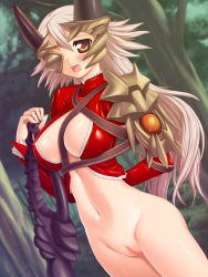 Rule 34 | 00s, 1girl, aldra (queen&#039;s blade), aldra (queen's blade), aokihoshi, arm behind back, bad anatomy, blush, bottomless, breasts, cleavage cutout, cleft of venus, clothing cutout, covered erect nipples, dutch angle, eyepatch, groin, large breasts, long hair, navel, no panties, open mouth, outdoors, poorly drawn, pussy, queen&#039;s blade, queen aldra, silver hair, solo, standing, tree, uncensored, yellow eyes