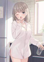 Rule 34 | 1girl, ;o, blunt bangs, blush, borrowed clothes, breasts, character request, cleavage, collarbone, copyright request, cup, grey hair, highres, holding, holding cup, indoors, kitchen, looking at viewer, medium breasts, morning, one eye closed, open collar, oversized clothes, oversized shirt, refrigerator, shiromikan, shirt, sleepy, solo, sunlight, tears, water, white shirt, yawning