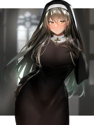 Rule 34 | 1girl, black dress, black gloves, blush, breasts, closed mouth, cross, dress, elbow gloves, gloves, grey hair, habit, hair between eyes, hand on own chest, highres, large breasts, long hair, long sleeves, looking at viewer, nun, original, traditional nun, wide sleeves, yellow eyes, yuyu (yuyuworks)
