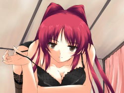 Rule 34 | 00s, 1girl, bent over, black bra, black panties, black thighhighs, blush, bra, bra pull, breasts, brown eyes, cleavage, clothes pull, garter belt, kousaka tamaki, lace, lace-trimmed bra, lace-trimmed panties, lace trim, large breasts, lingerie, long hair, panties, red hair, solo, strap slip, thighhighs, to heart (series), to heart 2, underwear, underwear only