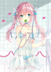 Rule 34 | 1girl, bad id, bad pixiv id, bare shoulders, blue ribbon, breasts, candy, chemise, choker, collarbone, cowboy shot, curtains, food, garter straps, gluteal fold, green eyes, green panties, hair ornament, halterneck, heart, highres, holding, lollipop, long hair, looking at viewer, medium breasts, navel, open mouth, original, panties, pink hair, ribbon, see-through, solo, stomach, thigh gap, thighhighs, twintails, underwear, yu-ori