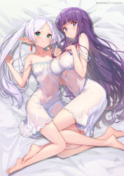 Rule 34 | 2girls, bare shoulders, barefoot, blunt bangs, blush, breasts, cleavage, closed mouth, collarbone, commentary request, covered navel, dress, earrings, elf, feet, fern (sousou no frieren), frieren, green eyes, hong (white spider), jewelry, large breasts, legs, long hair, looking at viewer, lying, multiple girls, parted bangs, pointy ears, purple eyes, purple hair, see-through, small breasts, smile, soles, sousou no frieren, toes, twintails, variant set, white dress, white hair