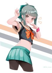 Rule 34 | 1girl, :d, absurdres, blush, bow, brown eyes, cowboy shot, flat chest, from side, green bow, green hair, green skirt, hair bow, highres, kantai collection, looking at viewer, midriff, navel, open mouth, pantyhose, pleated skirt, ponytail, school uniform, serafuku, short hair, sidelocks, skirt, smile, solo, uut, yuubari (kancolle)