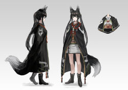 Rule 34 | 1girl, animal ears, ankle boots, black cape, black hair, blue eyes, blush, boots, cape, closed mouth, expressionless, fox ears, fox girl, fox tail, gradient background, inabi, japanese clothes, looking at viewer, multiple views, obi, original, profile, sash, standing, tail, twintails