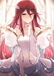 Rule 34 | 1girl, bare shoulders, blush, bouquet, bridal veil, bride, cordelia (bridal) (fire emblem), cordelia (fire emblem), dress, elbow gloves, fire emblem, fire emblem awakening, fire emblem heroes, flower, gloves, hair flower, hair ornament, highres, long hair, looking at viewer, nakabayashi zun, nintendo, red eyes, red hair, smile, solo, strapless, strapless dress, tiara, veil, wedding dress, white dress, white gloves