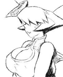 Rule 34 | 1girl, bare shoulders, blush stickers, breasts, capcom, chinese clothes, cleavage, cleavage cutout, clothing cutout, greyscale, hair over eyes, hat, jiangshi, large breasts, lei lei, monochrome, ofuda, profile, qingdai guanmao, short hair, smile, solo, tsukudani (coke-buta), vampire (game)