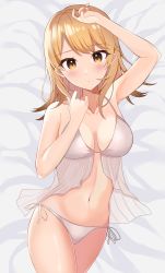 Rule 34 | 1girl, absurdres, arm up, armpits, asakura nuruma, bare arms, bare shoulders, bed sheet, blonde hair, blush, breasts, breasts apart, closed mouth, collarbone, commentary request, cowboy shot, expressionless, eyelashes, forehead, frills, hand up, highres, holding, isshiki iroha, long bangs, long hair, looking at viewer, lying, medium breasts, navel, on back, orange eyes, panties, parted bangs, side-tie panties, sidelocks, solo, stomach, underwear, white panties, yahari ore no seishun lovecome wa machigatteiru.