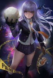 Rule 34 | 1girl, black footwear, black gloves, black jacket, black ribbon, book, boots, braid, caution tape, collared shirt, commentary, danganronpa: trigger happy havoc, danganronpa (series), falling, food, foot out of frame, gloves, hair ornament, hair ribbon, hand up, highres, holding, holding skull, jacket, keep out, kirigiri kyoko, knee boots, legs apart, long hair, long sleeves, looking at viewer, miniskirt, necktie, noodles, open clothes, open jacket, pink eyes, pleated skirt, purple eyes, purple hair, qosic, ramen, ribbon, shirt, side braid, single braid, skirt, skull, solo, standing, white shirt