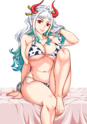 Rule 34 | 1girl, ahoge, animal print, aqua hair, arm up, bare arms, bare legs, bare shoulders, barefoot, bikini, breasts, chains, cleavage, closed mouth, collarbone, commentary request, cow print, cuffs, earrings, erect nipples, fingernails, green hair, hair lift, hair ornament, hair stick, halterneck, hand in hair, hanzaki jirou, highres, hoop earrings, horns, jewelry, knee up, large breasts, lips, long hair, looking at viewer, multicolored hair, multicolored horns, nail polish, navel, one piece, oni, orange horns, print bikini, print swimsuit, red eyes, red horns, shackles, side-tie bikini, side-tie bottom, sidelocks, sitting, skindentation, smile, solo, stomach, swimsuit, toenails, toes, underboob, white hair, yamato (one piece)