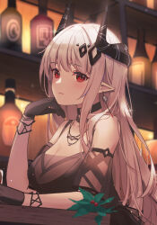 Rule 34 | 1girl, alcohol, arknights, bar (place), bare shoulders, black choker, black dress, black gloves, blush, breasts, choker, cleavage, closed mouth, dress, drink, earrings, from side, frown, gloves, hand on own chin, head rest, horns, jewelry, large breasts, liquor, long hair, looking at viewer, mudrock (arknights), mudrock (obsidian) (arknights), pointy ears, red eyes, shan (ti0n), sidelocks, sleeveless, sleeveless dress, solo, upper body, white hair