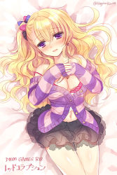 Rule 34 | 1girl, :d, bed sheet, black skirt, blonde hair, bow, bra, breasts, cardigan, cleavage, collarbone, earrings, from above, hagino kouta, hair between eyes, hair bow, jewelry, long hair, looking at viewer, luise (red corruption), lying, medium breasts, midriff, miniskirt, navel, necklace, off shoulder, on back, open cardigan, open clothes, open mouth, polka dot, polka dot bow, purple bow, purple cardigan, purple eyes, red bow, red bra, red corruption, skirt, smile, solo, stomach, striped cardigan, twitter username, underwear, very long hair
