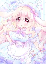 Rule 34 | 1girl, animal ears, apron, blonde hair, blue dress, blush, bow, breasts, chiika (cure cherish), dress, female focus, flower (symbol), hat, highres, large breasts, long hair, looking at viewer, open mouth, original, pin, pincushion, pink bow, pink eyes, puffy short sleeves, puffy sleeves, rabbit, rabbit ears, short sleeves, solo, spool, tareme, very long hair, wrist cuffs