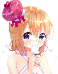 Rule 34 | 1girl, absurdres, bare arms, bare shoulders, blurry, blush, bow, brown hair, collarbone, commentary request, covered mouth, crown, dress, gochuumon wa usagi desu ka?, hair between eyes, hands up, heart, highres, holding, holding stuffed toy, hoto cocoa, looking at viewer, mini crown, neki (wakiko), pink dress, purple bow, purple eyes, sleeveless, sleeveless dress, solo, stuffed animal, stuffed rabbit, stuffed toy, tilted headwear, upper body