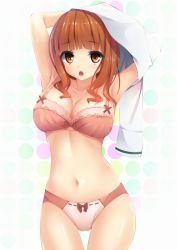 Rule 34 | 10s, 1girl, arm up, armpits, arms up, bad id, bad pixiv id, blouse, blunt bangs, bow, bow bra, bow panties, bra, breasts, brown eyes, brown hair, chestnut mouth, cleavage, collarbone, cowboy shot, dressing, girls und panzer, lace, lace-trimmed bra, lace trim, large breasts, lips, long hair, long sleeves, matching hair/eyes, navel, neko neko koneko, open mouth, orange eyes, orange hair, panties, pink bra, pink panties, school uniform, serafuku, shiny skin, shirt, solo, stomach, takebe saori, thigh gap, thighs, tongue, underwear, underwear only, undressing, white shirt