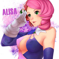 Rule 34 | 1girl, alisa boskonovich, android, asymmetrical clothes, asymmetrical gloves, bare shoulders, breasts, cool blue x, covered erect nipples, dandelion, elbow gloves, flower, gloves, green eyes, hair flower, hair ornament, lips, mismatched gloves, multicolored hair, namco, pink hair, red hair, rose, salute, single elbow glove, single glove, solo, tekken, tekken 6