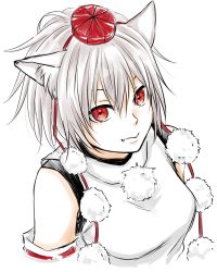 Rule 34 | 1girl, animal ears, aoi rin (miya1102), bare shoulders, breasts, detached sleeves, fang, hat, inubashiri momiji, looking at viewer, looking up, pom pom (clothes), red eyes, short hair, simple background, smile, solo, tokin hat, touhou, white background, wolf ears