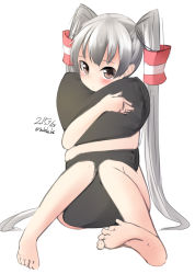 Rule 34 | 10s, 1girl, amatsukaze (kancolle), bad anatomy, bad feet, bad id, bad pixiv id, barefoot, blush, brown eyes, hugging object, kantai collection, long hair, looking at viewer, nekobaka, nude, pillow, pillow hug, poorly drawn, silver hair, simple background, sitting, solo, white background