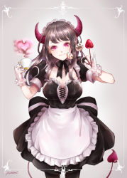 Rule 34 | 1girl, apron, arms up, artist name, bad id, bad pixiv id, between fingers, black dress, black hair, black pantyhose, black ribbon, breasts, choker, commentary, cowboy shot, cup, dango, demon girl, demon horns, demon tail, detached sleeves, dress, earrings, english commentary, food, fruit, gloves, gradient background, grey background, head tilt, heart, heart earrings, highres, holding, holding cup, holding skewer, horns, jewelry, korean commentary, lace, lace choker, long hair, looking at viewer, maid, maid headdress, medium breasts, mixed-language commentary, mole, mole under eye, neck ribbon, original, pantyhose, paw print, pink eyes, pistachiocream, pointy ears, puffy short sleeves, puffy sleeves, ribbon, short sleeves, skewer, slit pupils, smile, solo, standing, steam, strawberry, tail, teacup, valentine, wagashi, waist apron, white gloves