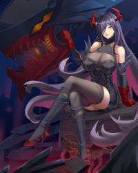 Rule 34 | 1girl, absurdres, azur lane, bare shoulders, black dress, black footwear, black hair, black thighhighs, breasts, buttons, cleavage, crossed legs, diver (765610768), double-breasted, dress, elbow gloves, friedrich der grosse (azur lane), full body, gloves, hair over one eye, high heels, highres, horns, huge breasts, long hair, looking at viewer, mature female, mechanical horns, non-humanoid robot, red gloves, red horns, robot dragon, see-through, short dress, sitting, solo, thighhighs, very long hair, yellow eyes