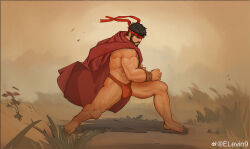 Rule 34 | 1boy, absurdres, bara, beard, briefs, bulge, cape, dark-skinned male, dark skin, elevin9, facial hair, fighting stance, headband, highres, large bulge, legs apart, looking ahead, male focus, male underwear, mature male, muscular, muscular male, red cape, red headband, red male underwear, ryu (street fighter), sanpaku, serious, short hair, solo, street fighter, street fighter 6, strongman waist, thick eyebrows, thick thighs, thighs, underwear, wind