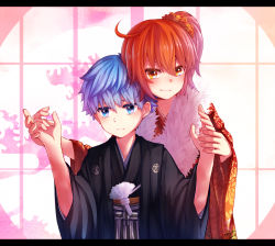 Rule 34 | 1boy, 1girl, blue eyes, blue hair, blush, child, closed mouth, fate/grand order, fate (series), fujimaru ritsuka (female), fur, holding hands, hans christian andersen (fate), height difference, highres, japanese clothes, kimono, letterboxed, orange hair, size difference, smile, sweatdrop, teenage girl and younger boy, traditional clothes, upper body, yellow eyes, yozakura (artist)