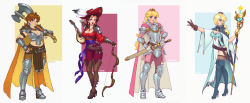 Rule 34 | 4girls, adapted costume, alternate costume, alternate universe, armor, armored boots, arrow (projectile), axe, blonde hair, boots, bow (weapon), breasts, brown gloves, brown hair, cape, cleavage, crown, dagger, diego fonteriz, donkey kong (series), earrings, eyeshadow, fantasy, fingerless gloves, full body, fur trim, gloves, hair over one eye, hand on own hip, hat, hat feather, high heel boots, high heels, highres, holding, holding weapon, instrument, jewelry, knife, lipstick, long hair, looking at viewer, lute (instrument), makeup, mario (series), mini crown, multiple girls, nail polish, nintendo, pauline (mario), plate armor, princess daisy, princess peach, quiver, red headwear, rosalina, scabbard, scar, sheath, shoulder armor, single glove, staff, standing, super mario galaxy, super mario land, super mario odyssey, super princess peach, sword, thigh boots, thighhighs, thighhighs under boots, tomboy, weapon