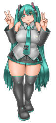 Rule 34 | 1girl, aqua eyes, aqua hair, bad id, bare shoulders, breasts, full body, hatsune miku, large breasts, long hair, long image, looking at viewer, necktie, plump, smile, solo, standing, tall image, thick thighs, thighs, twintails, very long hair, vocaloid, wide hips
