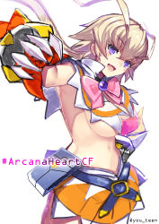 Rule 34 | 1girl, :d, amanohara minori, antenna hair, arcana heart, arcana heart 3, belt, blonde hair, blue belt, bow, breasts, brooch, capelet, copyright name, cowboy shot, fang, gauntlets, jewelry, long hair, looking at viewer, medium breasts, navel, open mouth, orange skirt, pink bow, purple eyes, razu (rus), revealing clothes, simple background, skirt, smile, solo, standing, twitter username, underboob, white background, white capelet