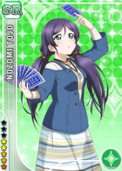 Rule 34 | 10s, 1girl, :o, aqua eyes, arm over head, arm up, blue shirt, buttons, card, card (medium), character name, diamond (shape), dress, gradient background, green background, hair between eyes, holding, holding card, jewelry, layered clothes, long hair, long sleeves, looking up, love live!, love live! school idol festival, love live! school idol project, low twintails, necklace, official art, parted bangs, purple hair, scrunchie, shirt, solo, sparkle, standing, star (symbol), striped clothes, striped dress, tarot, tojo nozomi, twintails