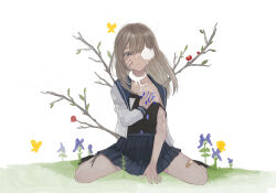 Rule 34 | 1girl, bandaid, bandaid on cheek, bandaid on face, bandaid on leg, black camisole, black skirt, blue flower, branch, bug, butterfly, camisole, closed mouth, flower, grass, grey jacket, hand on own chest, highres, highspeed fujimori, insect, jacket, leaf, light brown hair, long hair, long sleeves, looking at viewer, on grass, one eye covered, original, petals, pleated skirt, sitting, skirt, solo, sprout, strap slip, veins, wariza, white background