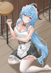 Rule 34 | 1girl, absurdres, ahoge, aishendejian, alternate costume, apron, bare arms, bare shoulders, black choker, black dress, blue hair, blush, breasts, choker, cleavage, collarbone, commentary request, cup, dress, enmaided, ganyu (genshin impact), genshin impact, hair between eyes, highres, holding, holding cup, horns, indoors, large breasts, long hair, looking at viewer, maid, no shoes, purple eyes, short dress, smile, solo, thighhighs, thighs, very long hair, white apron, white thighhighs