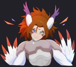 Rule 34 | 1boy, animal ears, armor, black background, blue eyes, bodysuit, breastplate, brown hair, cat ears, colored sclera, commentary, commission, digimon, digimon (creature), english commentary, facial mark, fangs, fangs out, feathered wings, green eyes, hair between eyes, head tilt, heterochromia, highres, looking at viewer, male focus, medium hair, no visor, oversized limbs, parted bangs, rae (hexedwithluck), red sclera, short hair, shoulder pads, sidelocks, silphymon, simple background, smirk, solo, upper body, white bodysuit, wings