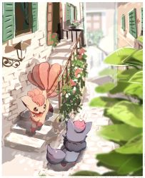 Rule 34 | blurry, brown eyes, building, commentary, creatures (company), day, fence, game freak, gen 1 pokemon, gen 5 pokemon, highres, leaf, nao (naaa 195), nintendo, no humans, open mouth, outdoors, pokemon, pokemon (creature), smile, stairs, standing, vulpix, window, zorua