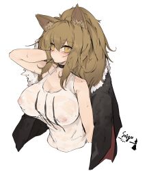 Rule 34 | 1girl, arknights, black choker, black jacket, blush, breasts, brown hair, character name, choker, cleavage, closed mouth, commentary, covered erect nipples, fur-trimmed jacket, fur trim, hair between eyes, hand in own hair, highres, holding, holding clothes, holding jacket, jacket, unworn jacket, large breasts, long hair, looking at viewer, mikozin, nipples, ponytail, see-through, siege (arknights), simple background, sleeveless, solo, studded choker, sweat, sweatdrop, tank top, upper body, wet, wet clothes, white background, white tank top, yellow eyes