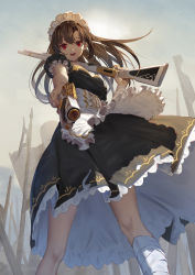 Rule 34 | 1girl, aiming, aiming at viewer, apron, bandaged arm, bandaged leg, bandages, black dress, breasts, brown hair, commentary request, day, dress, feet out of frame, frilled dress, frilled sleeves, frills, from below, gun, highres, holding, holding gun, holding weapon, ji dao ji, long hair, looking at viewer, looking down, maid, maid headdress, medium breasts, original, outdoors, planted, puffy short sleeves, puffy sleeves, red eyes, short sleeves, solo, standing, waist apron, weapon, weapon request, white apron
