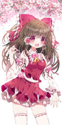 Rule 34 | 1girl, :d, bare shoulders, blush, bow, breasts, brown hair, cherry blossoms, contrapposto, cowboy shot, detached sleeves, flat chest, frilled bow, frilled hair tubes, frills, hair tubes, hakurei reimu, holding, large bow, layered skirt, legs apart, long hair, long sleeves, looking at viewer, medium breasts, navel, open mouth, ponytail, red bow, red eyes, red shirt, red skirt, ribbon-trimmed collar, ribbon-trimmed legwear, ribbon trim, rimei, sarashi, shirt, sideboob, sidelocks, simple background, skirt, smile, solo, standing, tareme, thighhighs, touhou, white background, wide sleeves