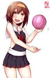 Rule 34 | 1girl, adapted costume, alternate costume, artist logo, ball, beachball, black one-piece swimsuit, blush, breasts, brown eyes, brown hair, cosplay, cowboy shot, dated, hairband, highres, kanon (kurogane knights), kantai collection, looking at viewer, neckerchief, one-piece swimsuit, open mouth, orange hairband, sailor collar, shigure (kancolle) (cosplay), shigure (kancolle), shiratsuyu (kancolle), short hair, signature, simple background, small breasts, smile, solo, standing, swimsuit, swimsuit skirt, white background, white sailor collar