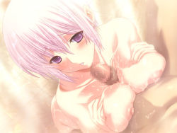 Rule 34 | 1girl, blush, breasts, breasts squeezed together, censored, game cg, large breasts, lydia (toriko no hime), m&amp;m, mixed-sex bathing, mosaic censoring, nipples, nude, paizuri, penis, pink eyes, pink hair, pov, purple eyes, shared bathing, short hair, showering, solo focus, toriko no hime, wet