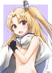 Rule 34 | 1girl, azur lane, bare shoulders, blonde hair, blush, breasts, cape, cleavage, cleveland (azur lane), commentary request, fang, flying sweatdrops, hair ornament, head tilt, highres, long hair, looking at viewer, naked cape, nayuhi (yukimuu14), one side up, open mouth, parted bangs, purple background, red eyes, signature, small breasts, solo, two-tone background, v-shaped eyebrows, very long hair, white background, white cape