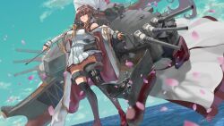 Rule 34 | 1girl, black footwear, boots, breasts, brown eyes, brown hair, cannon, cherry blossoms, clothes writing, clothing cutout, coat, coat on shoulders, day, exocet, flower, gradient footwear, hair flower, hair intakes, hair ornament, headgear, highres, holding, holding umbrella, kantai collection, knee boots, large breasts, long coat, long hair, multicolored umbrella, oil-paper umbrella, outdoors, pleated skirt, red footwear, red umbrella, rigging, sakuramon, shoulder cutout, sidelocks, single knee boot, single thigh boot, skirt, sleeveless, sleeveless coat, solo, standing, standing on liquid, thigh boots, thigh strap, turret, two-tone umbrella, umbrella, very long hair, white coat, white skirt, white umbrella, yamato (kancolle), yamato kai ni (kancolle)