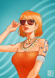 Rule 34 | 1girl, absurdres, aliasartworks, arm tattoo, blue background, commentary, earrings, english commentary, highres, jewelry, looking at viewer, nami (one piece), necklace, one eye closed, one piece, orange hair, orange shirt, red lips, shirt, short hair, solo, strapless, strapless shirt, sunglasses, tattoo, upper body
