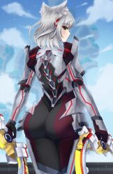 Rule 34 | 1girl, animal ears, armor, ass, ass focus, blush, bodysuit, brown eyes, cat ears, chakram, doiparuni, dual wielding, from behind, gloves, highres, holding, huge ass, looking at viewer, looking back, m (xenoblade), mio (xenoblade), short hair, skin tight, smile, solo, weapon, white hair, xenoblade chronicles (series), xenoblade chronicles 3