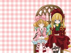 Rule 34 | 00s, 2girls, baozi, blonde hair, blue eyes, blush, bonnet, bow, bowtie, chair, checkered background, closed eyes, cross-laced footwear, cup, dress, eating, food, frills, full body, hat, hat bow, hinaichigo, long sleeves, looking at viewer, multiple girls, official art, pillow, pink background, pink bow, pink dress, plate, rozen maiden, saucer, shinku, simple background, sitting