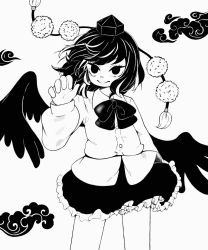 Rule 34 | 1girl, bow, bowtie, buttons, closed mouth, collared shirt, commentary, cowboy shot, feathered wings, frilled skirt, frills, greyscale, hand up, hanokami, hat, high contrast, highres, long sleeves, looking at viewer, monochrome, pom pom (clothes), shameimaru aya, shirt, short hair, skirt, smile, solo, standing, tokin hat, touhou, wings