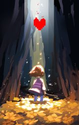 Rule 34 | androgynous, artist name, brown hair, cave, field, flower, flower bed, flower field, frisk (undertale), from behind, full body, gender request, heart, highres, pixelated, serain, shirt, short hair, solo, spotlight, standing, stick, striped clothes, striped shirt, sunlight, undertale