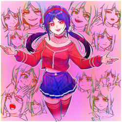 1girl absurdres blue_skirt breasts choker crazy_mita_(miside) cropped_legs flower_hairtie glowing glowing_eyes hairband highres long_hair long_sleeves looking_at_viewer medium_breasts miside mita_(miside) multiple_views open_mouth pleated_skirt purple_hair red_eyes red_hairband red_sweater red_thighhighs skirt sweater thighhighs twintails yahaha