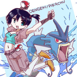 Rule 34 | 1girl, aogaeru, asymmetrical hair, bare shoulders, black hair, blush, breasts, cowboy shot, creatures (company), denim, denim shorts, game freak, gen 1 pokemon, gloves, gyarados, holding, holding poke ball, jacket, looking at viewer, midriff, misty (pokemon), navel, nintendo, open clothes, open mouth, open shorts, poke ball, poke ball (generic), pokemon, pokemon: the electric tale of pikachu, ponytail, shiny skin, shirt, short hair, short ponytail, shorts, side ponytail, simple background, solo