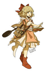 Rule 34 | 1girl, adapted costume, blonde hair, blue eyes, book, dc9spot, dress, fire emblem, frying pan, gold trim, mother (game), mother 2, nintendo, open mouth, paula (mother 2), puffy sleeves, red footwear, ribbon, short hair, short sleeves